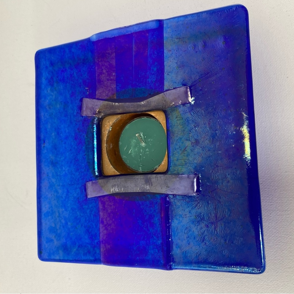 Blue Fused Art Glass tea light or flower holder
